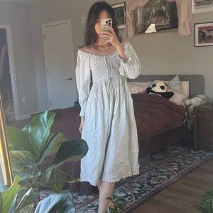 Beige eyelet off the shoulder smocked cotton midi dress